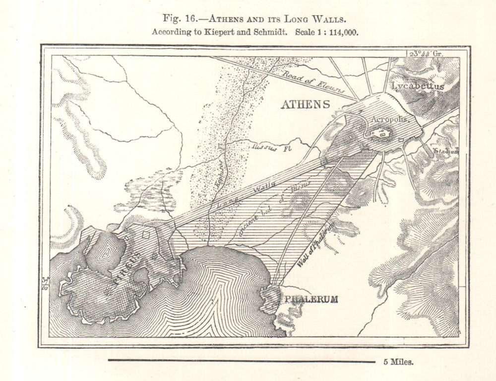 Athens & its Long Walls per Kiepert & Schmidt. Greece. Sketch map 1885 old